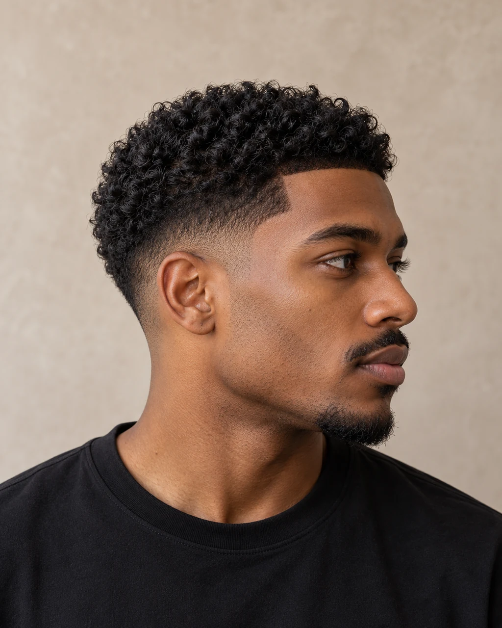 Taper fade met natuurlijke krullen en strak afgewerkte slapen — AI-gegenereerd demobeeld